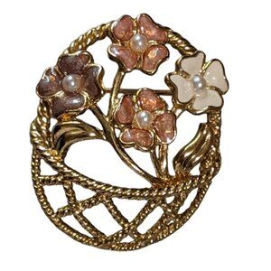 Vintage Marvella flowers in a basket brooch signed metal enamel faux pearl